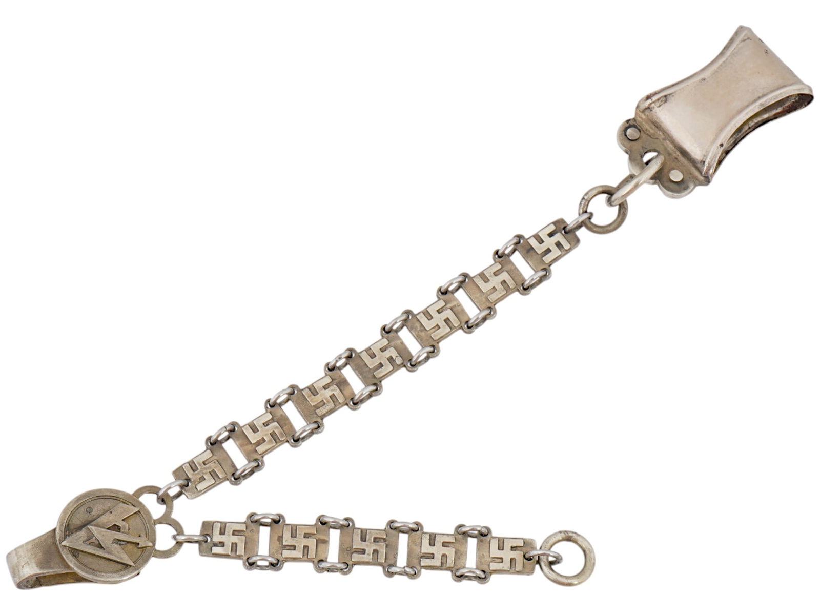GERMAN WWII HANGERS FOR SA DAGGER: A World War II model Nazi German metal link chain hanger for the SA dagger. Each link depicts a relief swastika. SA emblem on the suspension. Marked, RZM and M 5 6 marks, on the backside. Second World