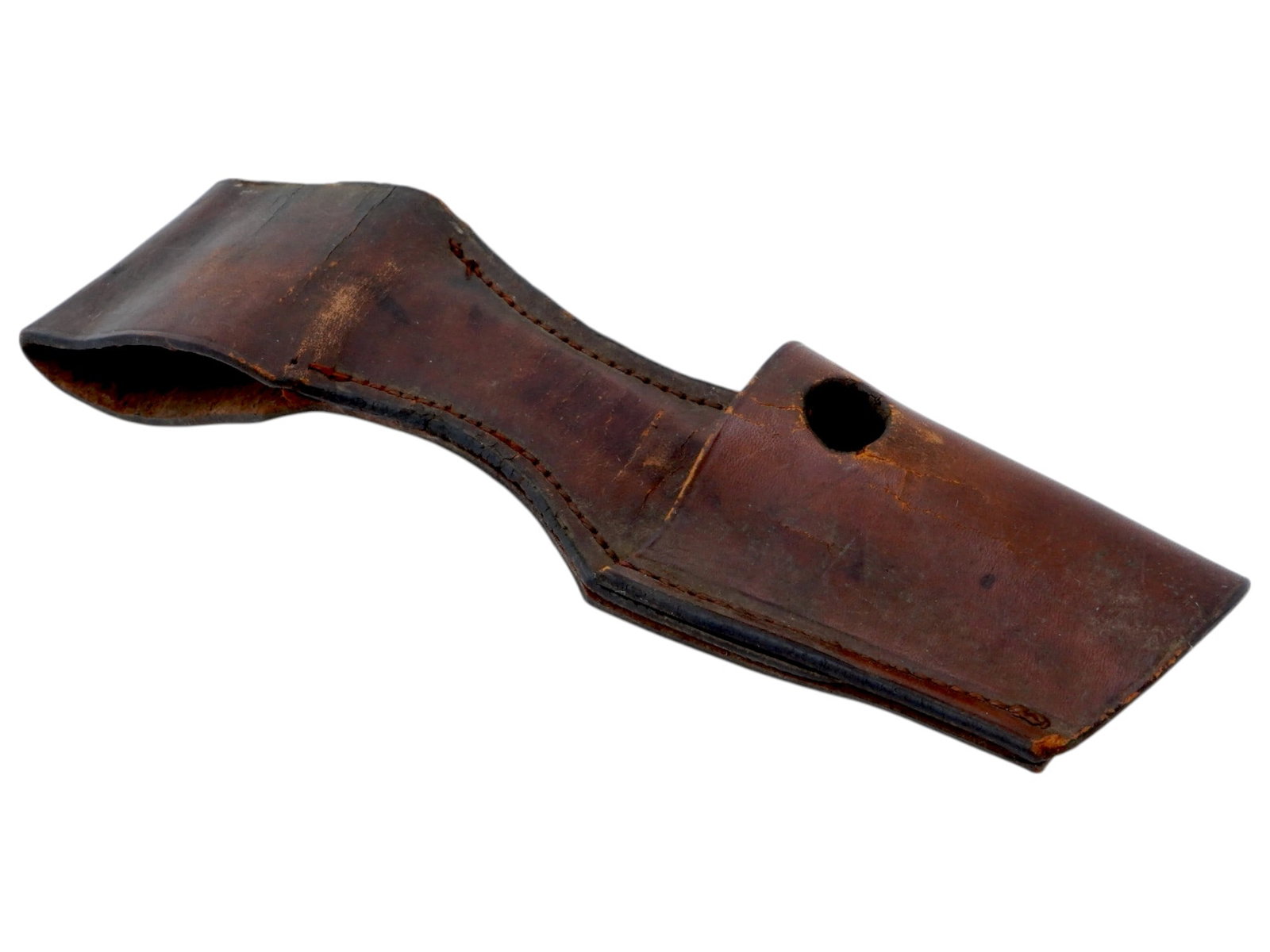 WWII GERMAN MAUSER K98 LEATHER FROG BAYONET HANGER: A German Mauser K98 leather frog bayonet hanger. Circa 1918 to 1945. Bayonet frogs hold the bayonet for attaching to a waist belt. Has a hole in the front. Most often used by the police of the Third R