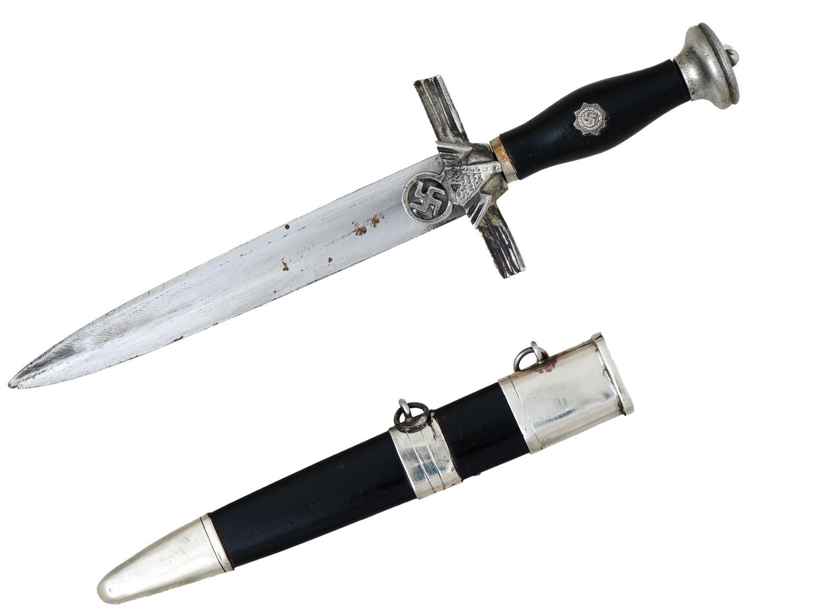 GERMAN WWII TYPE RLB MINIATURE DAGGER: A WWII type Nazi German RLB leaders miniature dagger featuring a stiletto manner blade with a high central ridge. The dual straight cross guard has three recessed horizontal lines to both the obverse