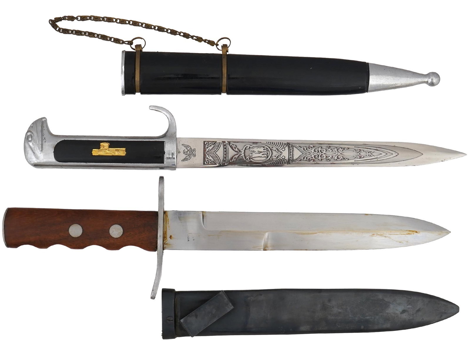 LOT OF WWII NAZI GERMAN TYPE ITALIAN DAGGERS: A lot of two WWII Nazi german Italian model daggers. The first: a dagger with plain plated single edge blade with false edged, molded aluminum hilt with integral single quillion and eagle head shaped 