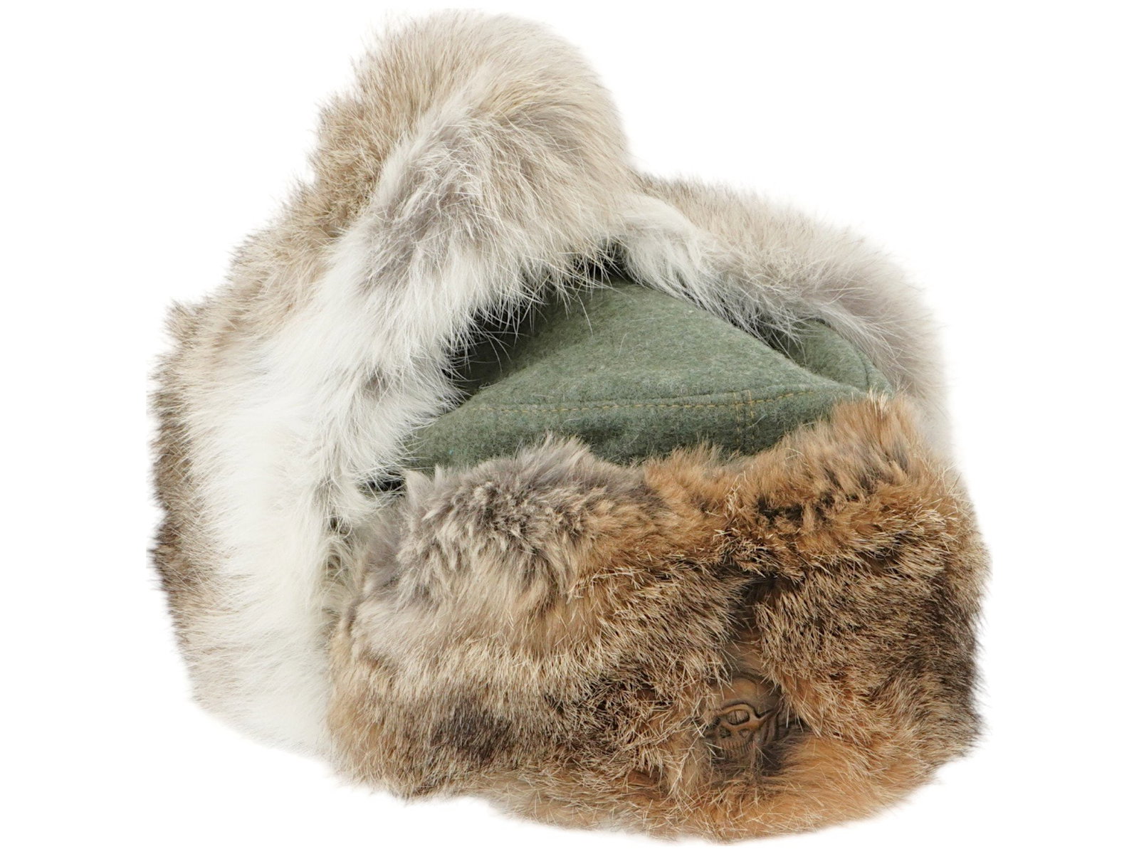 WWII MODEL NAZI GERMAN WAFFEN SS WINTER HAT: A World War II type German Waffen SS winter hat. Green wool hat that could be folded flat and tucked into a belt or haversack. Fur trim. The front bears a Totenkopf plaque. Moryachok dot com label on 