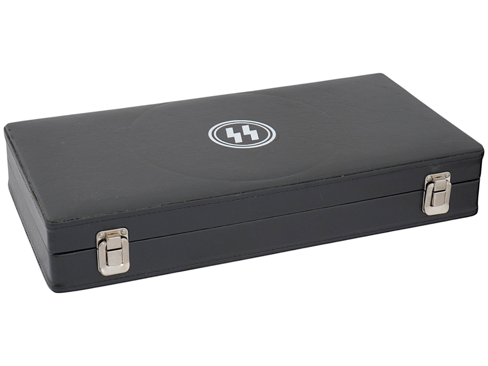 NAZI GERMAN SS DAGGER CUSTOM MADE PRESENTATION CASE: A vintage Nazi German Schutzstaffel SS dagger custom made presentation case. The lockable rectangular black case with silver tone fittings. Inside, on a velvet base, there are recesses for a dagger an