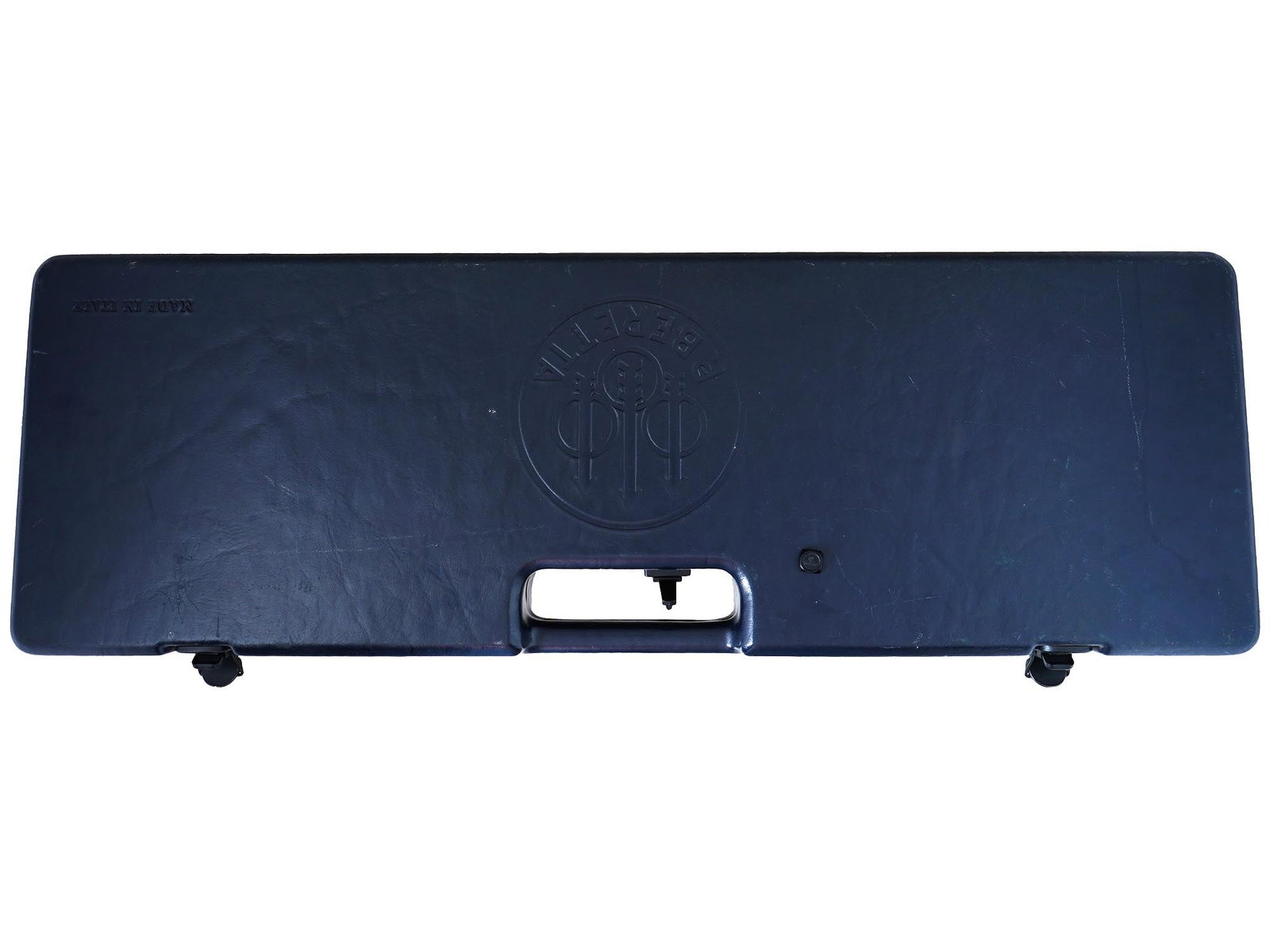 ITALIAN BERETTA SHOTGUN HARD CASE W NUMBERAL LOCK: An Italian Beretta shotgun hard case. The dark blue colored exterior features an embossed Beretta logo and a numerical lock. The interior reveals a dark gray foam lining pre cut to accommodate a shotg