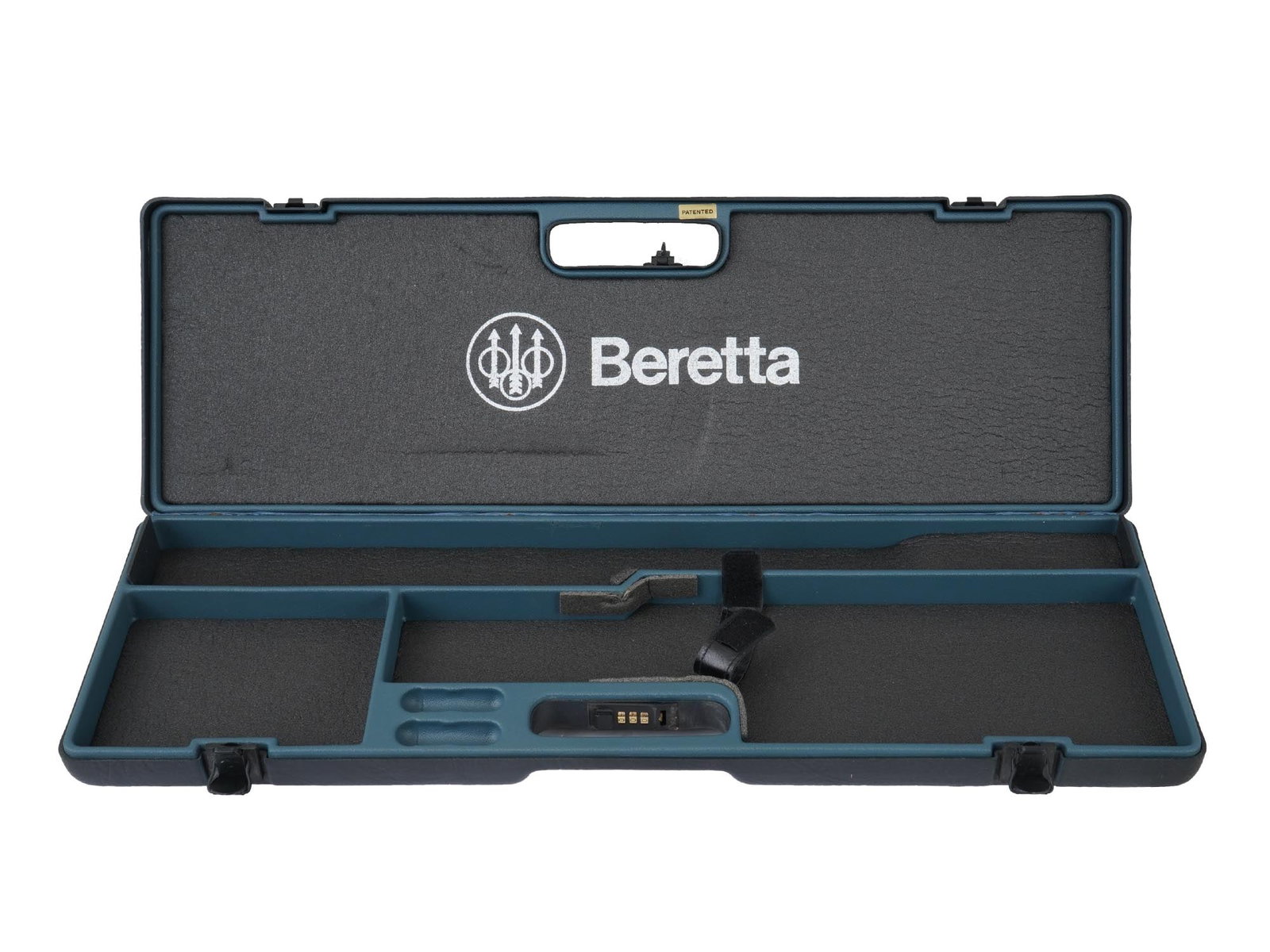 ITALIAN BERETTA SHOTGUN HARD CASE W NUMERAL LOCK: An Italian Beretta shotgun hard case. The dark colored exterior features an embossed Beretta logo and a numeral lock. The interior reveals a dark gray foam lining pre cut to accommodate a shotgun and 