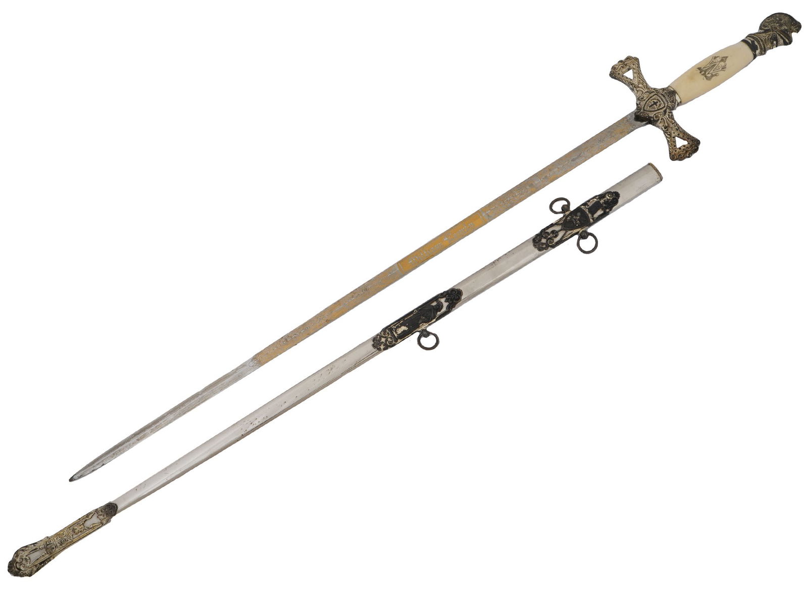 AMERICAN MASONIC KNIGHTS TEMPLAR CEREMONIAL SWORD: An American Masonic Knights Templar ceremonial sword. The sword has a white bone handle with the owner initials inscribed and Masonic symbols, and a knight head pommel. A guard features a medieval kni