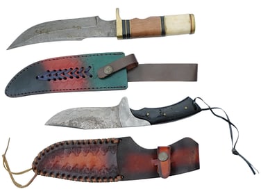 LOT OF TWO DAMASCUS STEEL KNIVES W SHEATHS