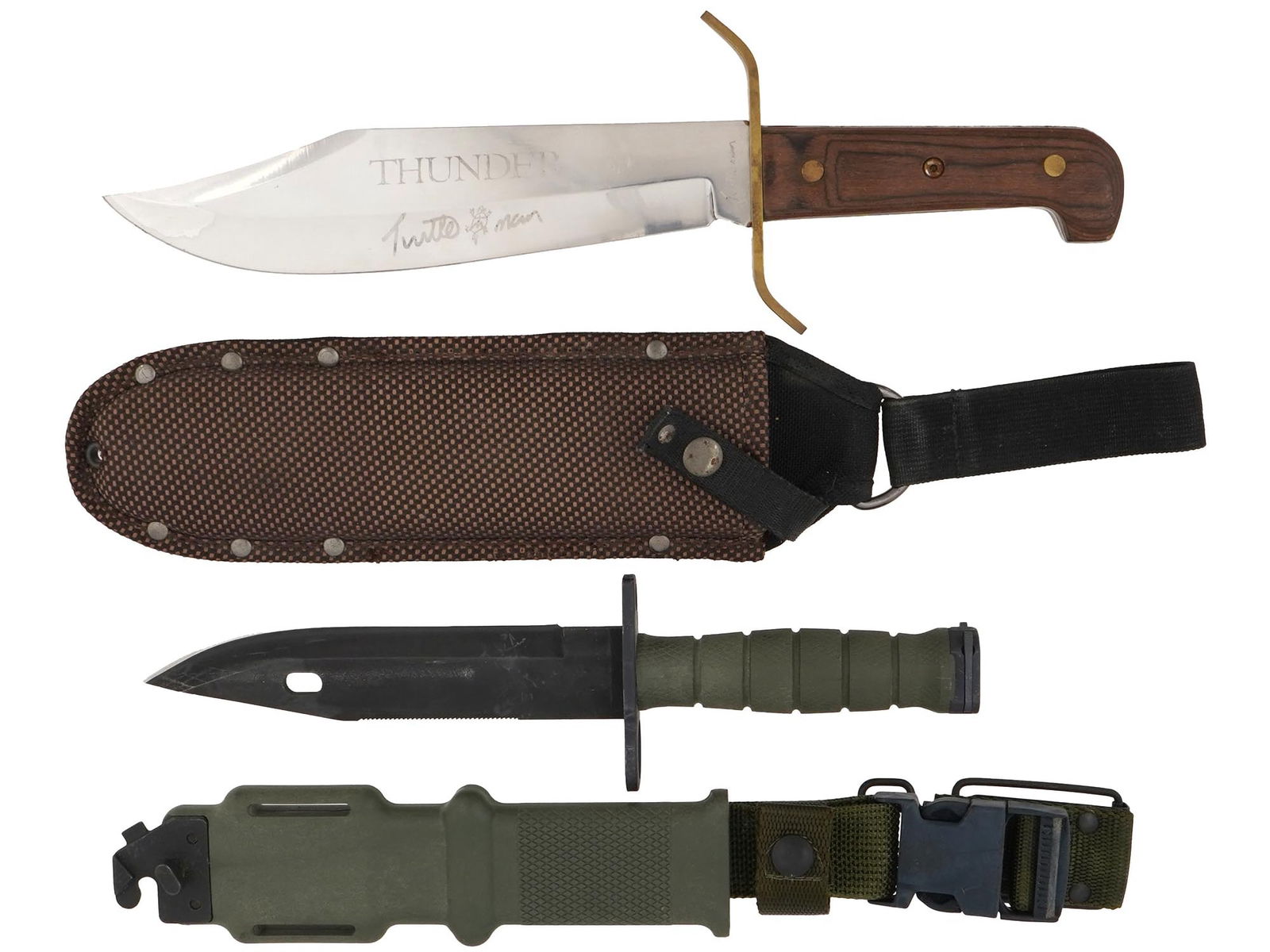 TM001 THUNDER BOWIE KNIFE AND ONTARIO 493 M9 BAYONET: A group of two modern combat and utility knives. The Turtleman TM001 Thunder Stunt Double Bowie Knife featuring a full tang construction, a stainless steel blade, and an elegantly crafted engineered w