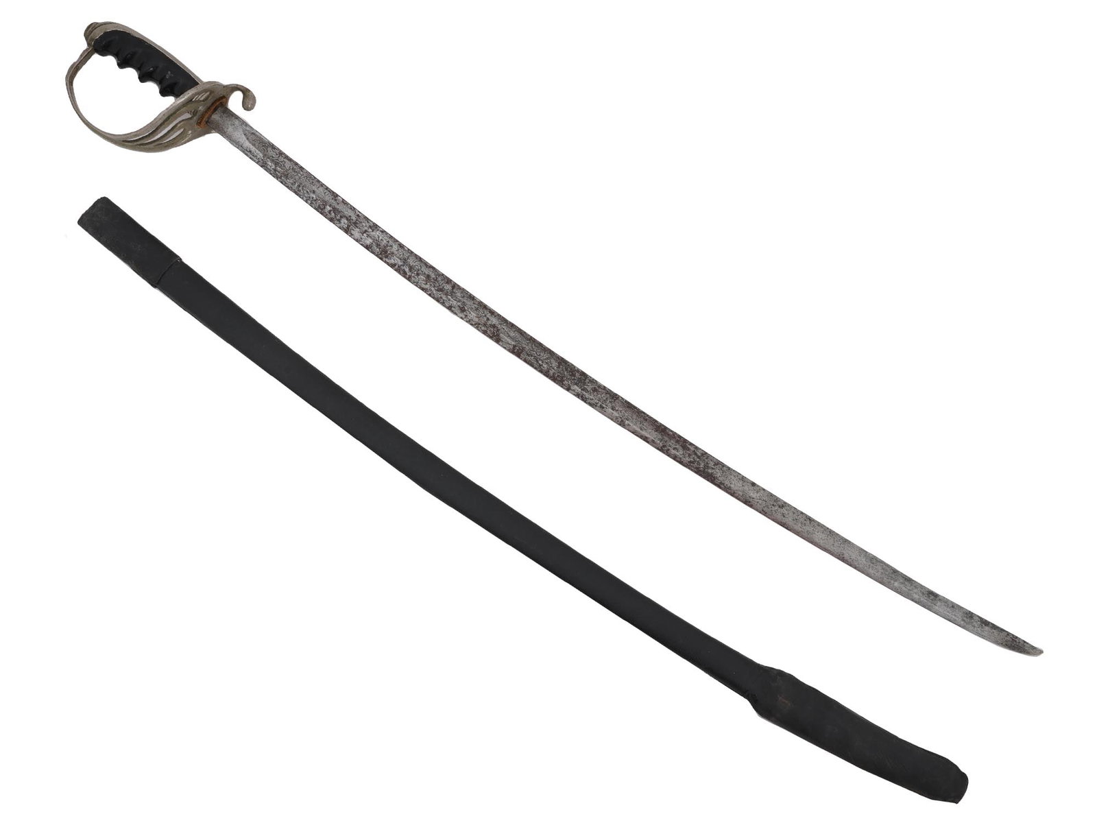 AMERICAN SABER SWORD WITH FLORAL PATTERN: An American saber sword with a black scabbard. The sword features a curved blade, a handle with a curved guard design. The blade is adorned with engraved floral motifs and bears an inscription. Collec