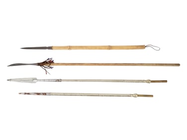 FOUR LARGE VINTAGE WOODEN AND METAL SPEARS