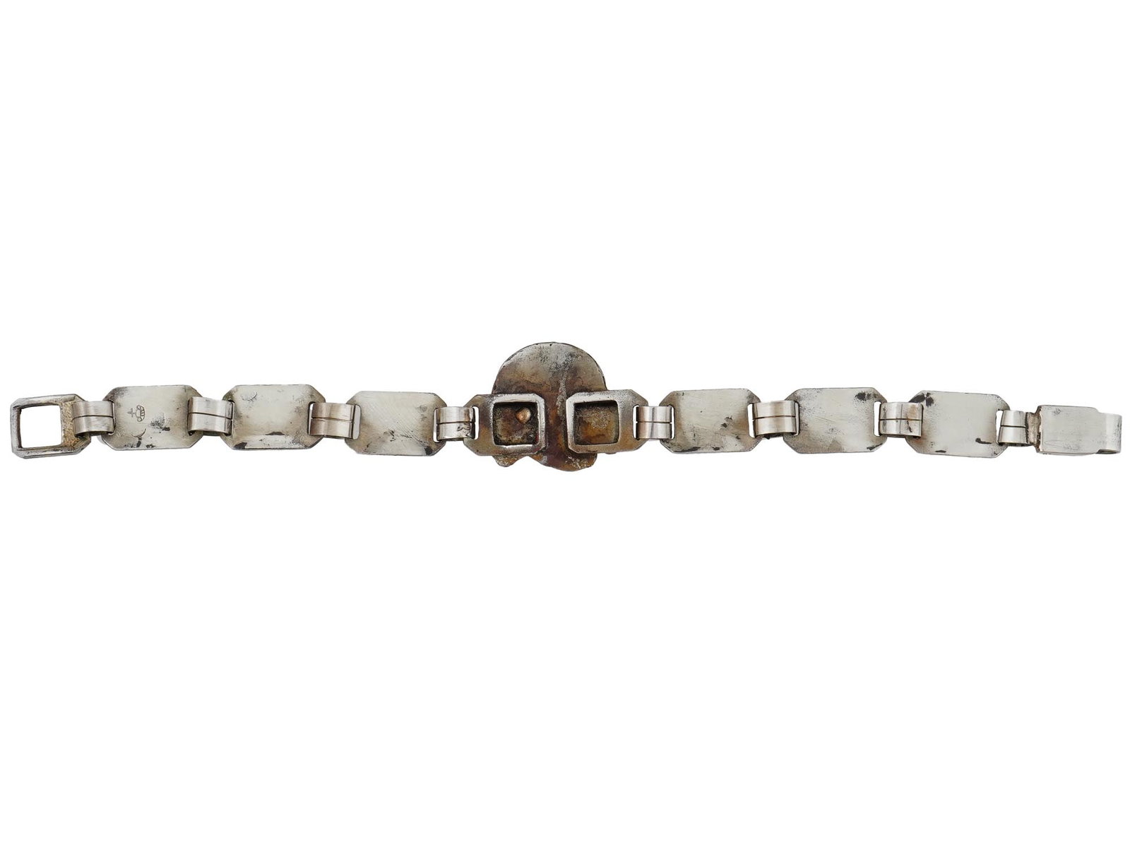 WWII TYPE GERMAN WAFFEN SS DIVISION TOTENKOPF BRACELET: A WWII type Nazi German Waffen SS steel bracelet manufactured in a link design. The links are decorated with relief images of Totenkopf skulls and SS runes. The central link represents the relief Tote