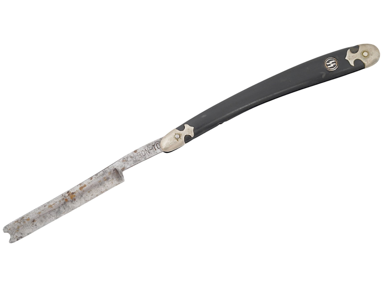 GERMAN WWII WAFFEN SS STRAIGHT SHAVING RAZOR: A WWII type Nazi German Third Reich Waffen SS straight shaving razor. The handle features a synthetic base, adorned with SS runes. Marked, Solingen and numbered, on a ricasso. Second World War Histori