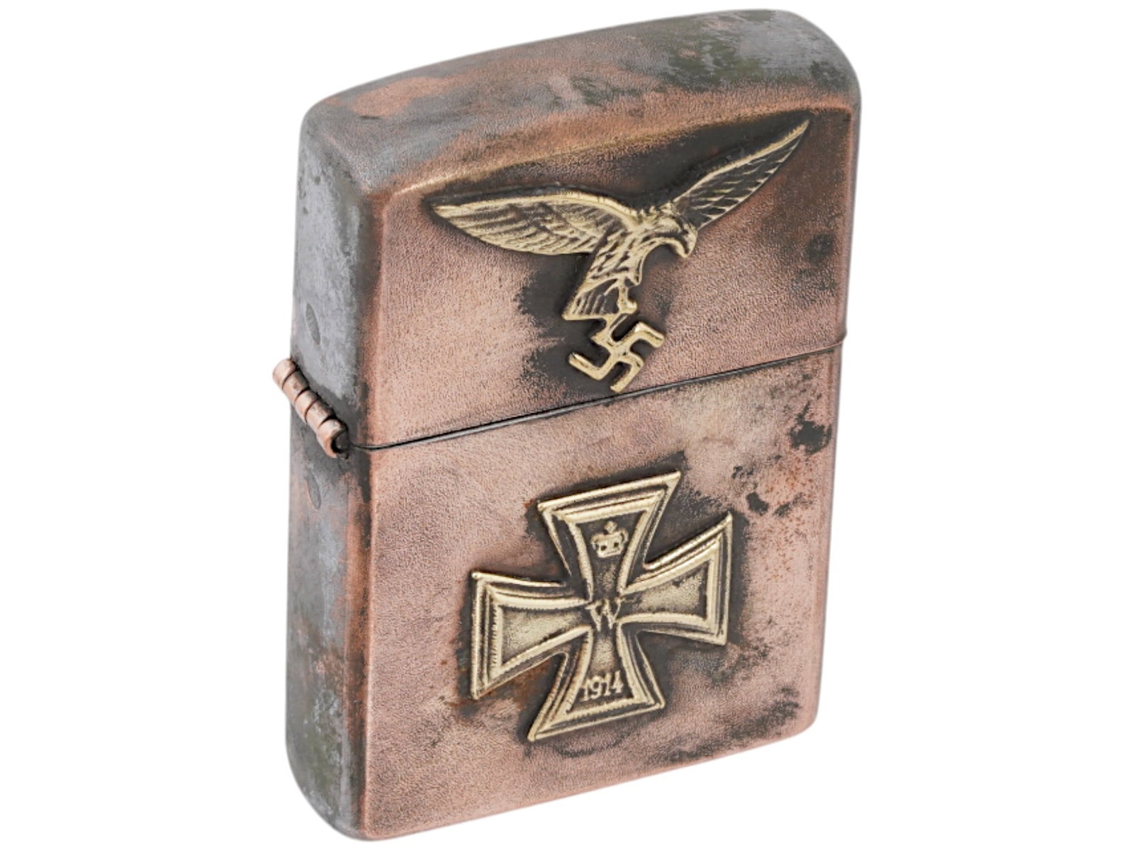GERMAN WWII LUFTWAFFE PILOTS CIGARETTE LIGHTER: A World War II type Nazi German Luftwaffe pocket gas lighter. Stainless steel body decorated with a gilt overlay Luftwaffe eagle, swastika, and an Iron Cross. Marked RZM on the bottom. Second World Wa