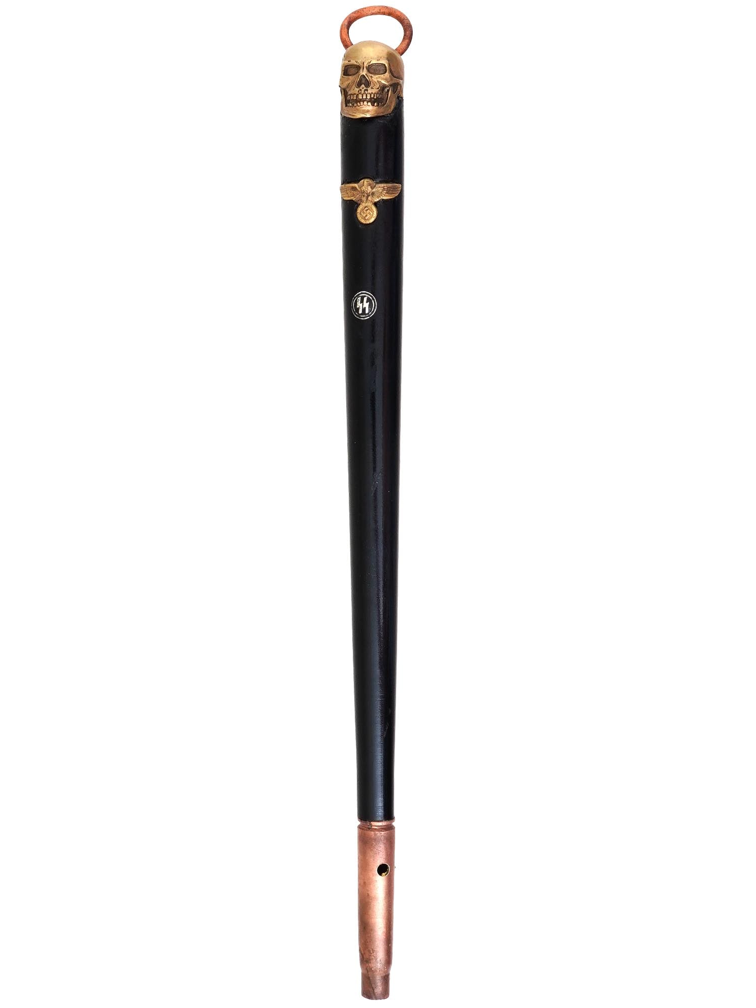 WWII NAZI GERMAN WAFFEN SS ACADEMY SKULL POINTER: A WWII Nazi German pointer used by a professor from a Waffen SS academy, featuring SS runes and a Nazi eagle. The finial of the pointer is decorated with a skull and a ring. Such items were part of th