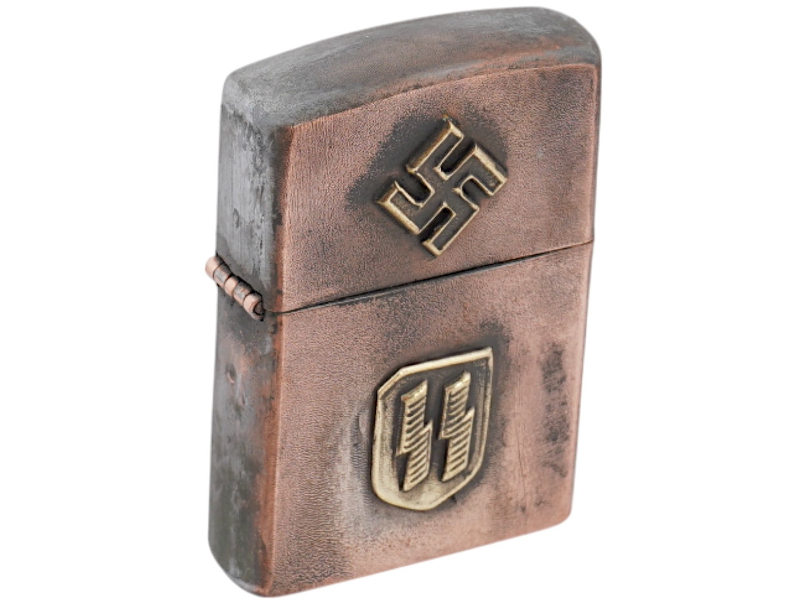GERMAN WWII TYPE WAFFEN SS CIGARETTE LIGHTER: A World War II type Nazi German Waffen SS pocket cigarette lighter. Stainless steel body decorated with two gilt overlay SS runes and swastika insignia emblems. Marked, RZM, on the bottom. Second Worl