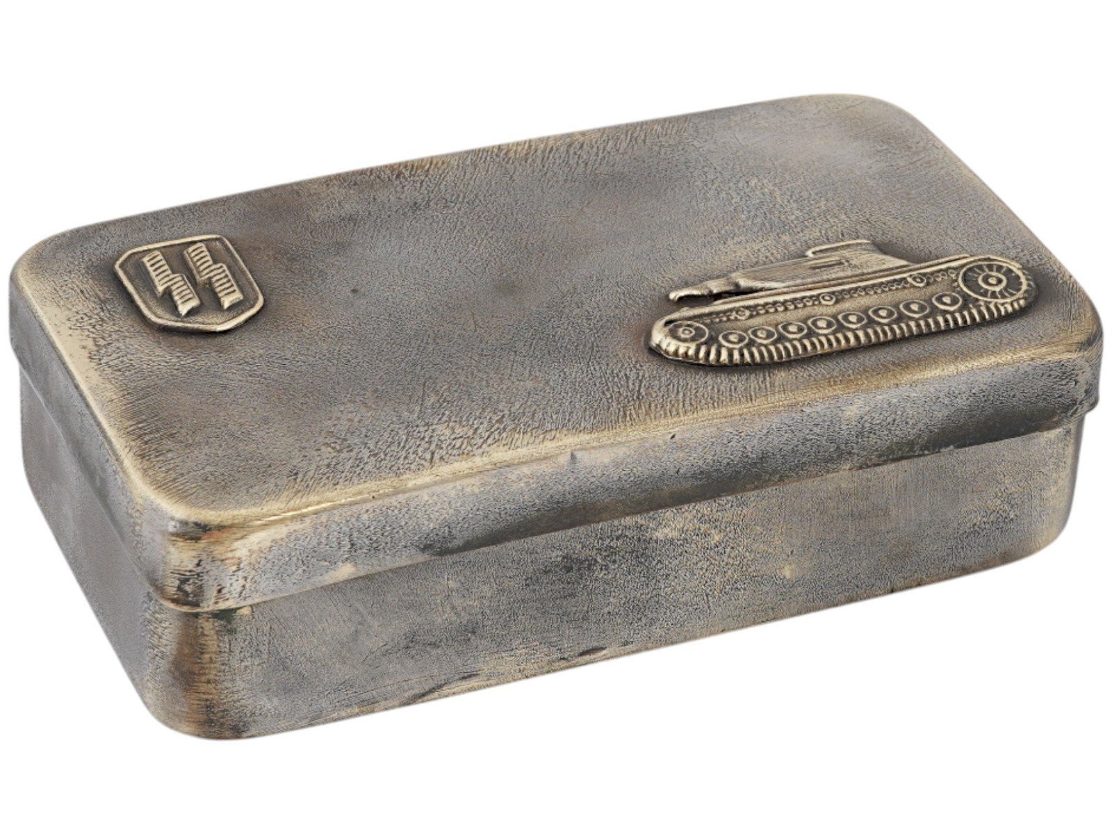 GERMAN WWII WAFFEN SS PANZER TROOPS PERVITIN BOX: A WWII Nazi German model Waffen SS Panzer Troops covered pill or pervitin box. The cover is adorned with overlay SS on shield and tank insignias, on the top. Marked with SS and RZM marks, inscribed, 1