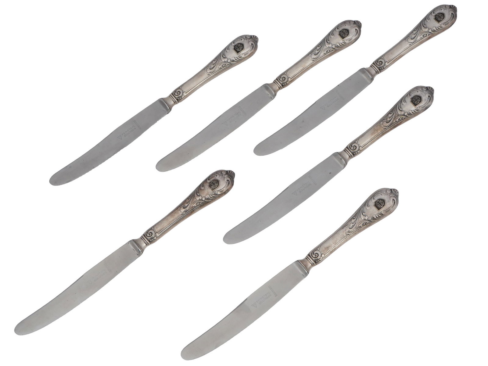 WWII GERMAN WAFFEN SS DIVISION WIKING 6 KNIVES SET: A set of World War II stainless steel knives from the Nazi German Waffen SS Division Wiking officers canteen. A total of 6 items. Each handle decorated with embossed floral ornaments, and an etched sw