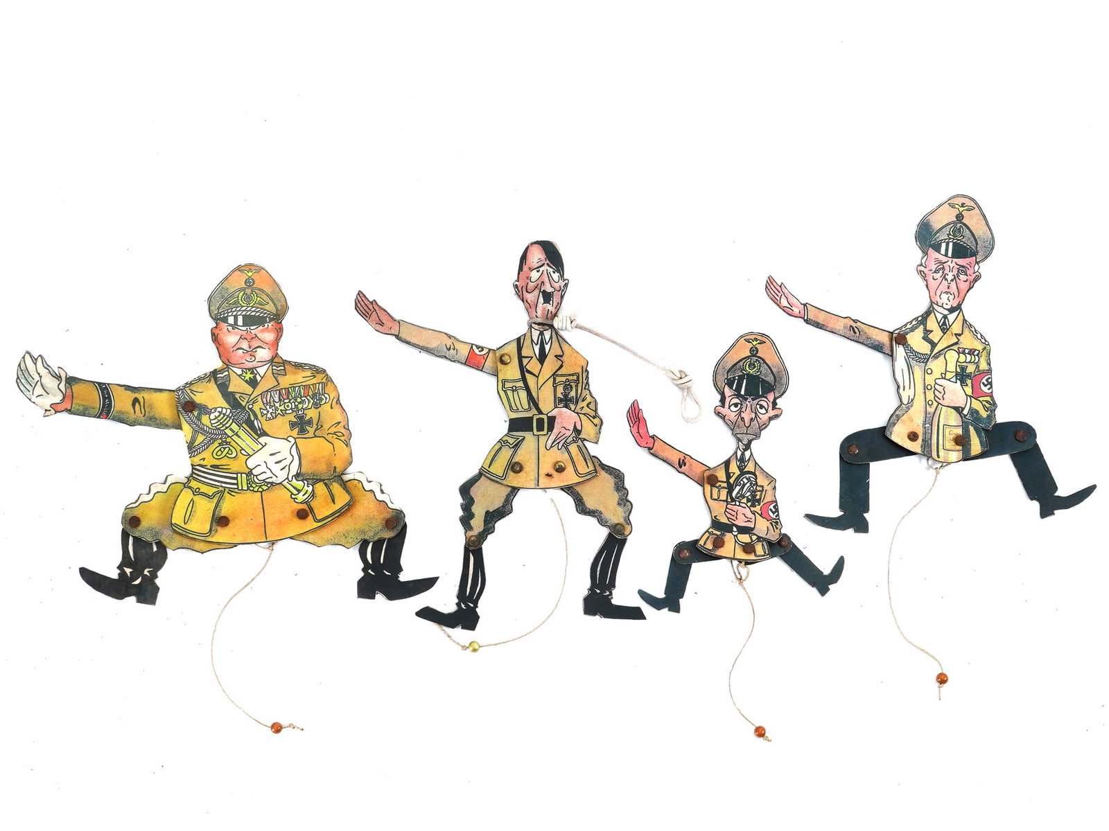 WW2 ANTI NAZI PROPAGANDA JOINTED CARDBOARD CARICATURES: A WWII anti Nazi propaganda complete set consists of four jointed cardboard puppet caricatures representing prominent Nazi leaders Hitler, Goering, Goebbels, and Ribbentrop. Each figure is designed wi
