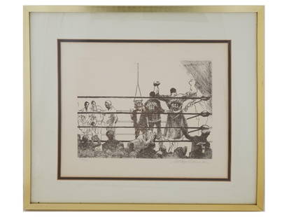 LTD MUHAMMAD ALI FRAZIER ETCHING BY LEROY NEIMAN: A sepia ink etching on paper depicting the 1971 Muhammad Ali Joe Frazier fight Victory by LeRoy Neiman. Signed in pencil, lower right. Numbered 109 of 150 in pencil, lower left. Framed. Neiman