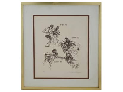 LTD MUHAMMAD ALI FRAZIER ETCHING BY LEROY NEIMAN: A sepia ink etching on paper depicting the 1971 Muhammad Ali Joe Frazier fight Rounds 7, 8 and 9 by LeRoy Neiman. Signed in pencil, lower right. Numbered 116 of 150 in pencil, lower left. Framed.