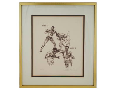 LTD MUHAMMAD ALI FRAZIER ETCHING BY LEROY NEIMAN: A sepia ink etching on paper depicting the 1971 Muhammad Ali Joe Frazier fight Rounds 1 and 2 by LeRoy Neiman. Signed in pencil, lower right. Numbered 141 of 150 in pencil, lower left. Framed. Neiman