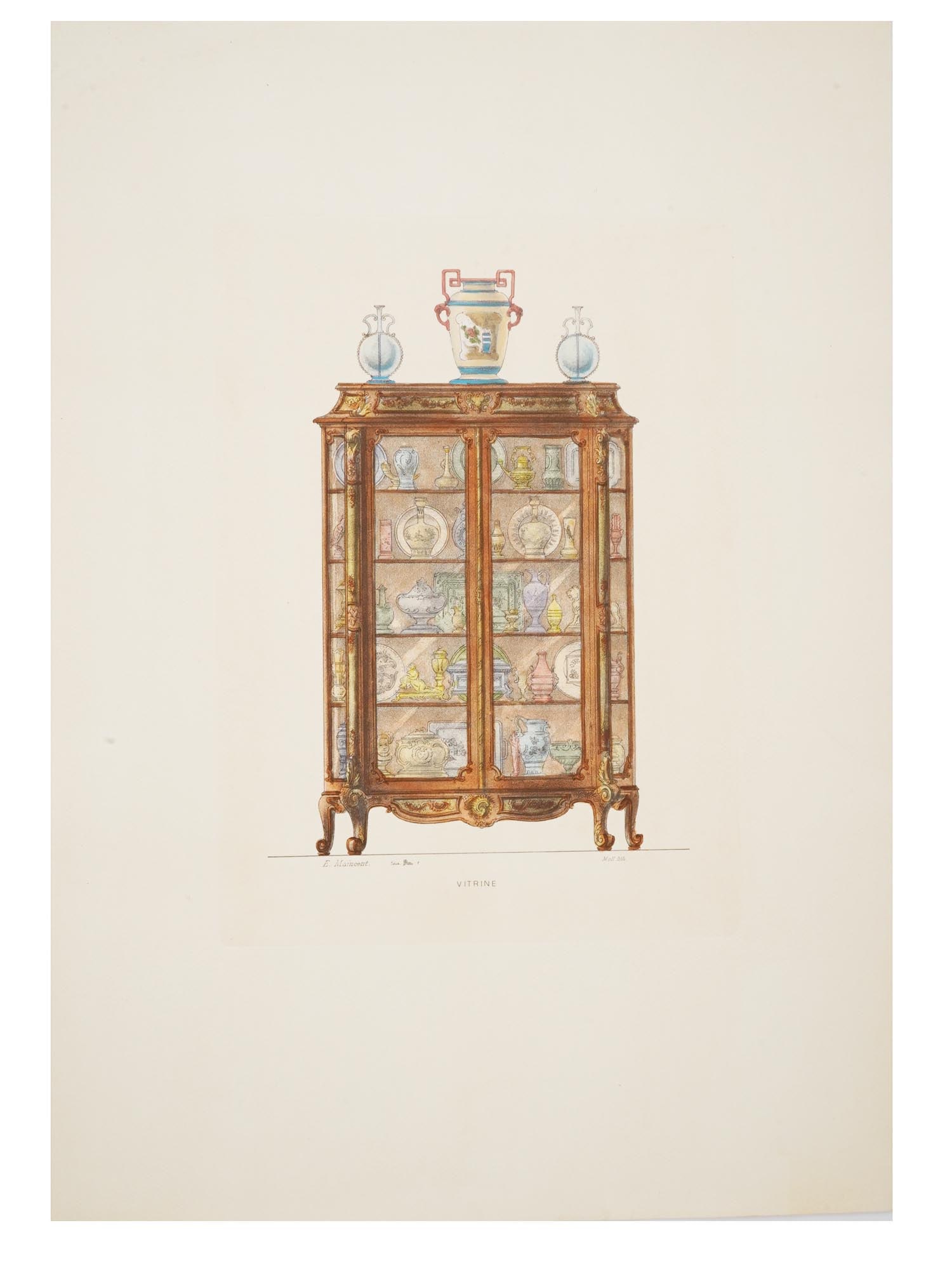 FRENCH DISPLAY CABINET FURNITURE COLOR LITHOGRAPH: A French colored lithograph on paper, Vitrine, Display Cabinet. Titled in the print, lower to the center. Inscribed in the print, E. Maincent, lower left. Provenance: a well preserved time capsule fro