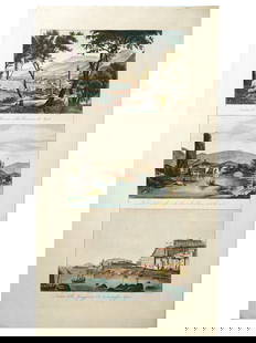 ANTIQUE ITALIAN LANDSCAPE HAND COLORED ENGRAVING: Hand-colored engraving on paper. The piece features three landscape views of Italian seaside towns, each picture is titled underneath. From the second part of the ca. 1840s book titled Atlante