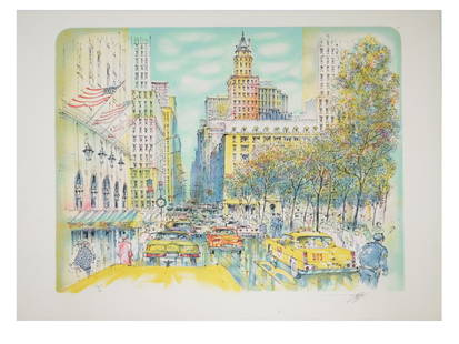 ROLF RAFFLEWSKI LIMITED EDITION HAND SIGNED PRINT: A color lithograph on paper by Rolf Rafflewski, 1943 to 2019. The artwork depicts a view of a busy New York avenue. Signed by the artist in pencil in the lower right. Numbered 124 out of 200 in the