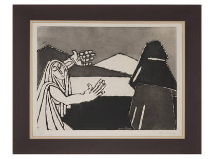 VINTAGE JUDAICA LIMITED ED ENGRAVING BY BEN ZION: A vintage Judaica limited edition engraving by Ben Zion Weinman, 1897 to 1987, an American based Jewish artist born in Ukraine. The artwork depicts a genre scene with two human figures. Signed in