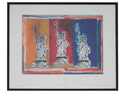 VINTAGE AMERICAN LITHOGRAPH BY MICHAEL BABYAK 1996: A vintage American Statue of Liberty lithograph by Michael Babyak, 1996. The artwork depicts the Statue of Liberty on three backgrounds of different colors. Signed in pencil and dated lower right.