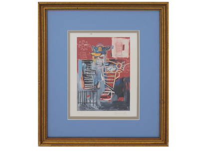 JEAN MICHEL BASQUIAT PENCIL SIGNED PRINT LA HARA: La Hara chromolithograph print on paper after the original painting created by American artist Jean-Michel Basquiat in 1981. The artwork depicts a skeletal police officer. Signed in pencil lower