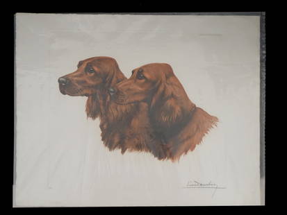 TWO SETTERS SIGNED ETCHING BY LEON DANCHIN 1931: A French etching depicting two Irish Setters by Leon Danchin, published by La Gravure Francaise, 1931, marked on the upper right. Hand-signed in pencil lower right. Leon Danchin, 1887 to 1938, was a