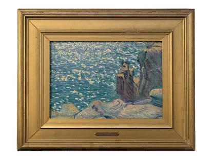 AMERICAN OIL PAINTING BY CHILDE FREDERICK HASSAM: Childe Frederick Hassam, American, 1859 to 1935, an oil on board painting depicting a seascape in an impressive impasto technique. Housed in a gilt wood frame with a metal name plate below. Note: Chil