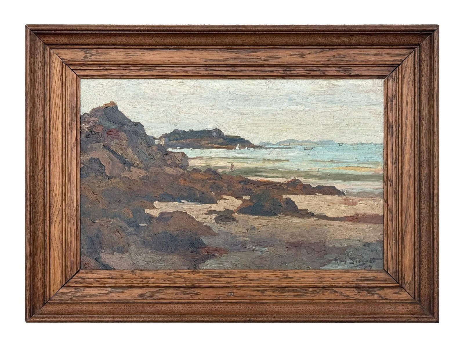 ANTIQUE BELGIAN OIL PAINTING BY RENE SERGENT 1927: Rene Sergent, Belgian, 1865 to 1927, an oil on board painting Cezembre Island, 1927, depicting a post impressionist coastal landscape in an impressive impasto technique. Signed by the artist and dated