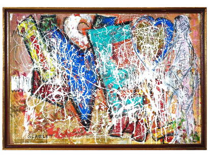 ROLPH SCARLETT AMERICAN ABSTRACT MIXED MEDIA PAINTING: Mixed media painting on board by Rolph Scarlett, 1889 to 1984, a Canadian-American Modernist artist based in NYC. The artwork is an abstract geometrical composition. Drip technique, use of brush handl