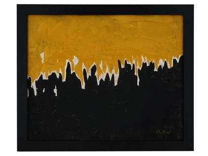 AMERICAN ABSTRACT OIL PAINTING ATTR CLYFFORD STILL: An American Abstract Expressionist oil on canvas painting attributed to Clyfford Still, 1904 to 1980. The painting depicts an abstract composition in contrasting bright colors: black, white, and yello