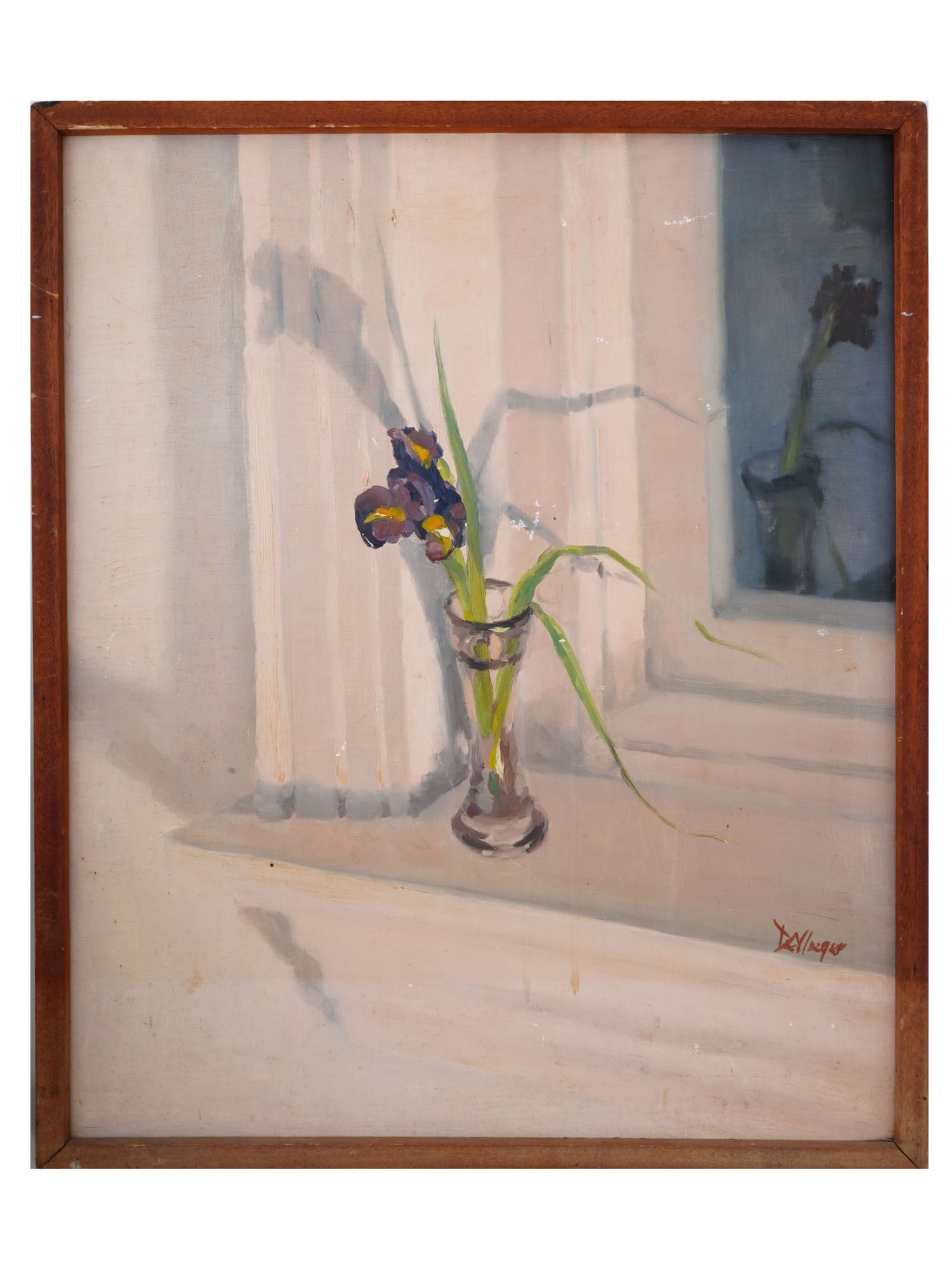 AMERICAN JOHN DEVLIEGER OIL STILL LIFE PAINTING: A vintage, 1980, American oil on wood board still life painting signed John DeVlieger. The painting depicts an iris flower in a transparent vase on a windowsill. Signed lower right. Additionally signe