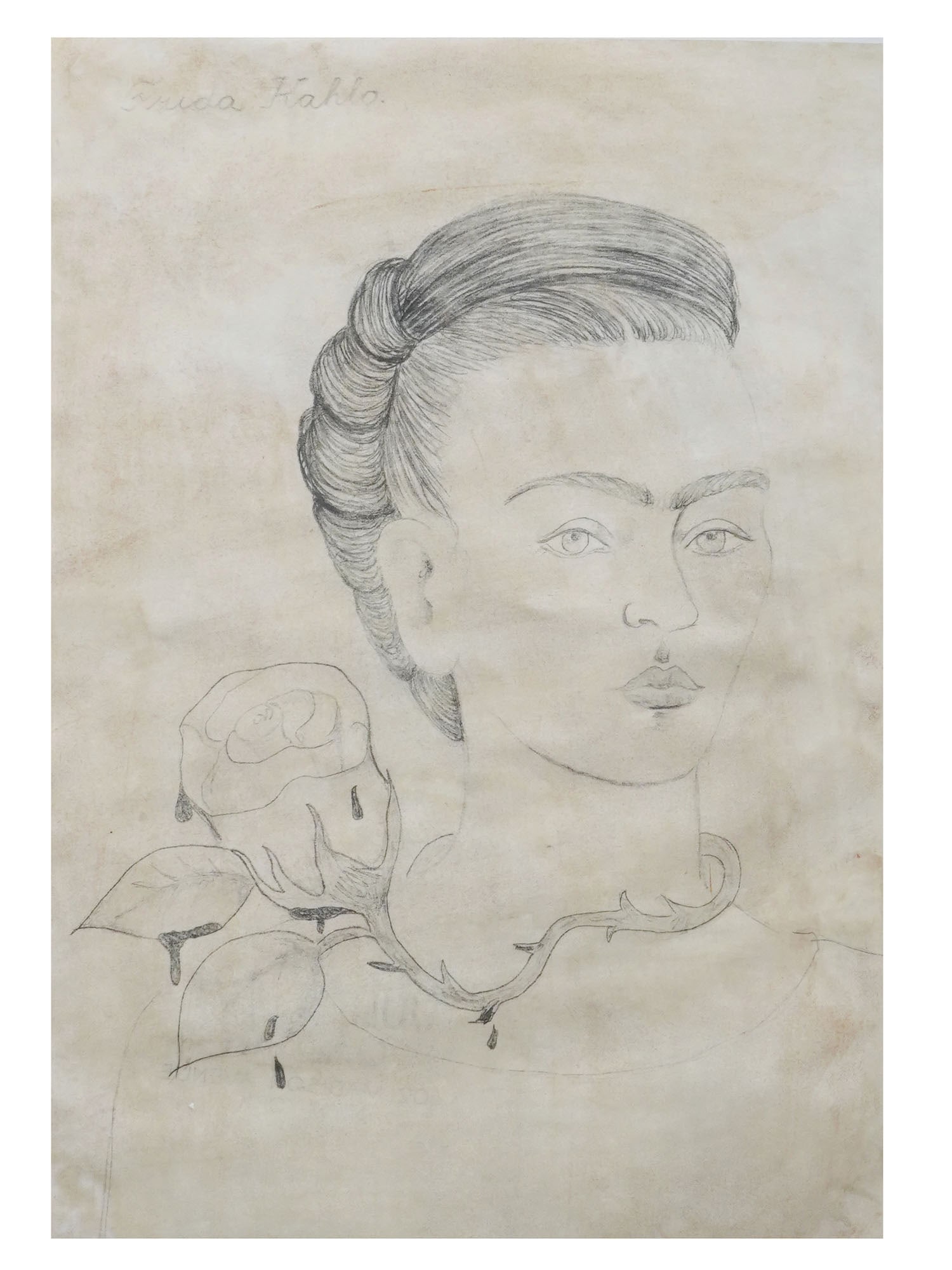 ATTR TO FRIDA KAHLO SELF PORTRAIT PENCIL PAINTING: Attributed to Frida Kahlo, American, Mexican, 1907 to 1954, pencil painting on paper, Self Portrait. Circa: 1935 to 1940. Signed upper left. Stamped with a gallery stamp, Julien Levy Gallery, New York