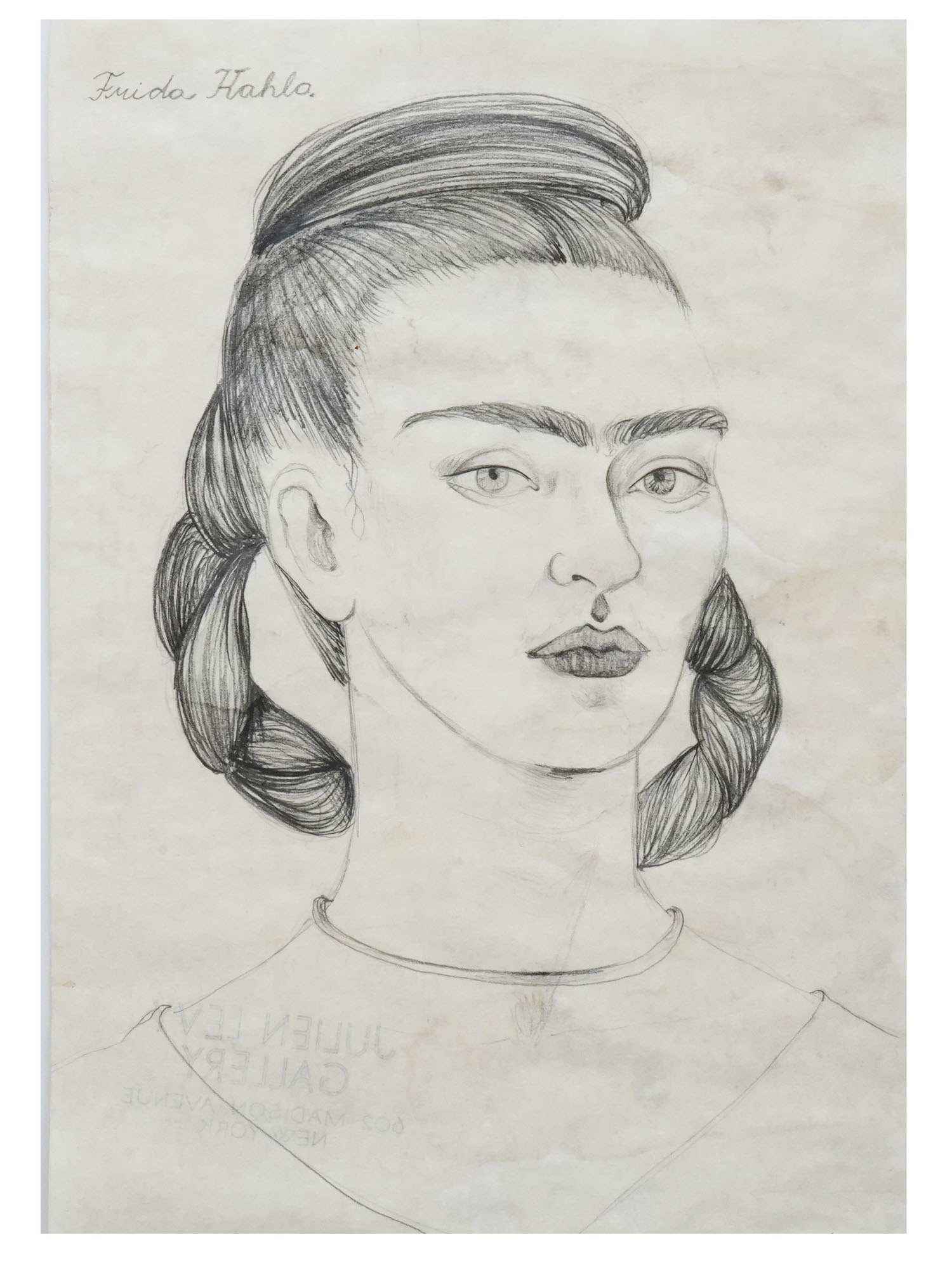 ATTR TO FRIDA KAHLO SELF PORTRAIT PENCIL PAINTING: Attributed to Frida Kahlo, American, Mexican, 1907 to 1954, pencil painting on paper, Self Portrait. Circa: 1935 to 1940. Signed upper left. Stamped with a gallery stamp, Julien Levy Gallery, New York