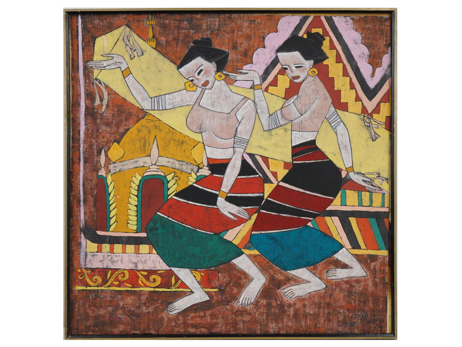 MID CENTURY INDIAN PAINTING FEMALE DANCERS SIGNED (1 of 8)