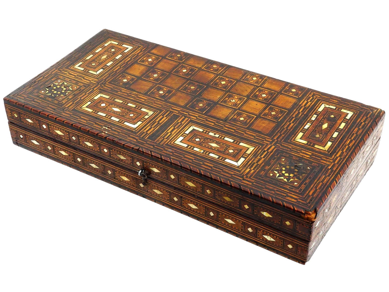 ANTIQUE BACKGAMMON MARQUETRY BOARD WITH MOP INLAY (1 of 8)