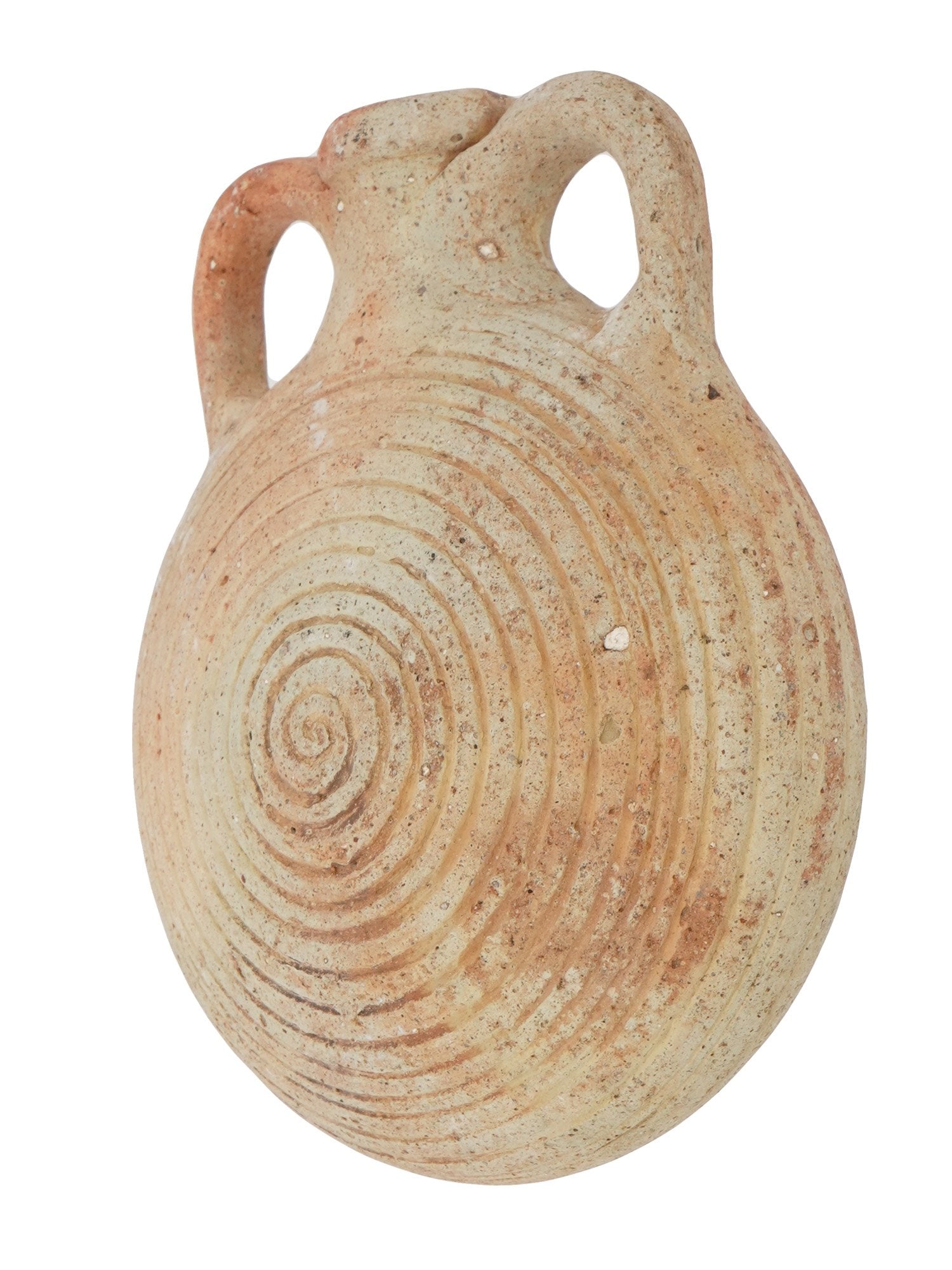 ANCIENT ROMAN TERRACOTTA DRUM SHAPED PILGRIM FLASK: An ancient Roman terracotta pilgrim flask, dating from 100 to 300 AD. This drum-shaped vessel features a thin lentoid flattened body, characteristic of flasks used for carrying wine, oil, or sacred li