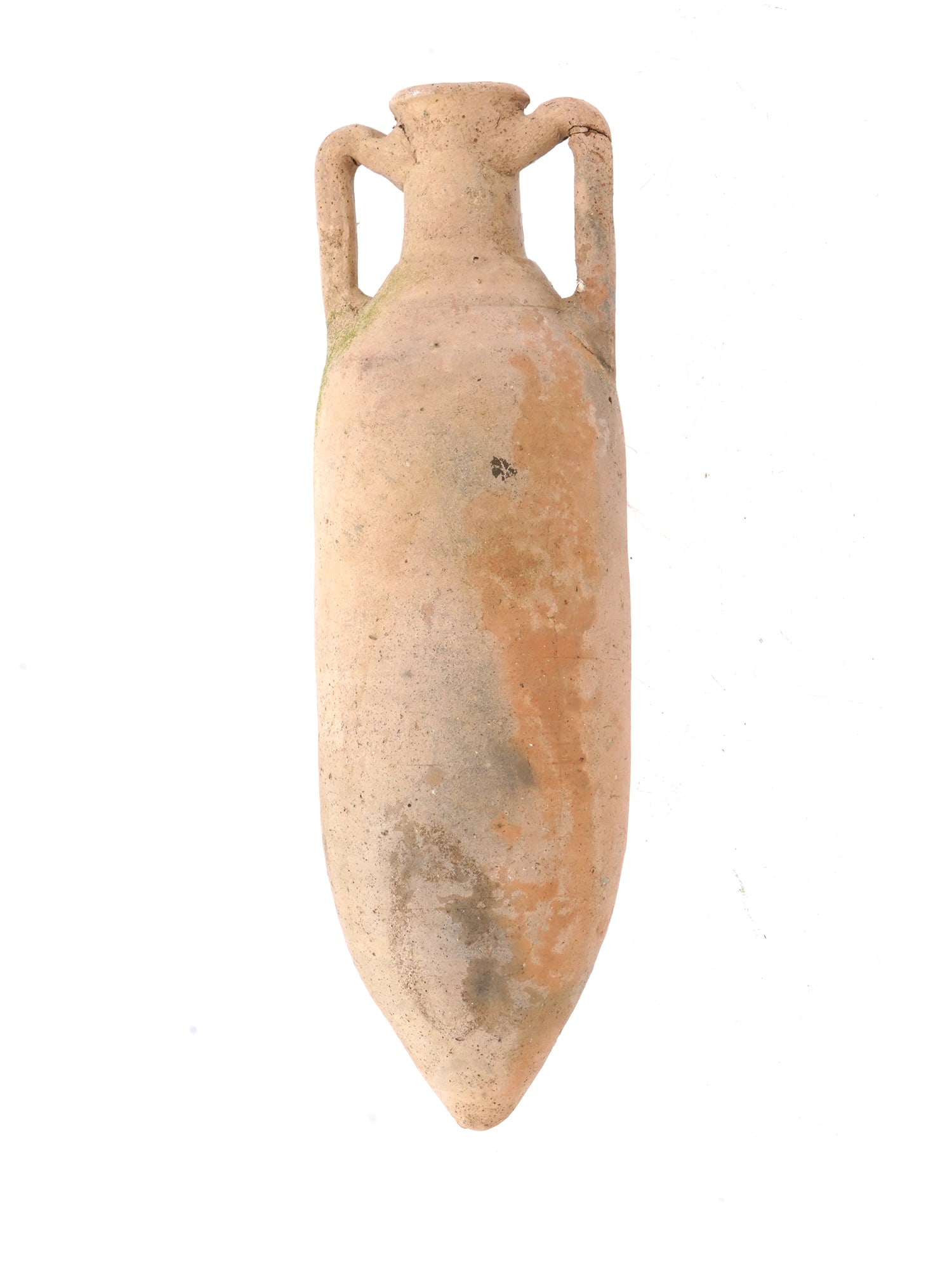 ANCIENT HELLENISTIC PERIOD TERRACOTTA WINE AMPHORA: An ancient terracotta wine amphora dating to the Hellenistic period, circa 200 BC. This vessel features a classic elongated form with a narrow neck and flared rim, characteristic of amphorae used for 