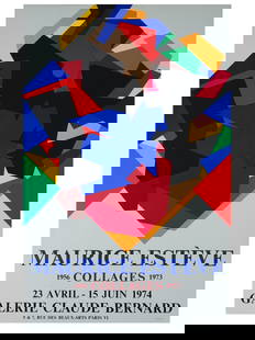 GALERIE CLAUDE BERNARD EXHIBITION POSTER MAURICE ESTEVE: A vintage Galerie Claude Bernard exhibition poster dedicated to the creativity of French artist Maurice Esteve, namely, the collages created between 1956 and 1973. The design prominently displays bold