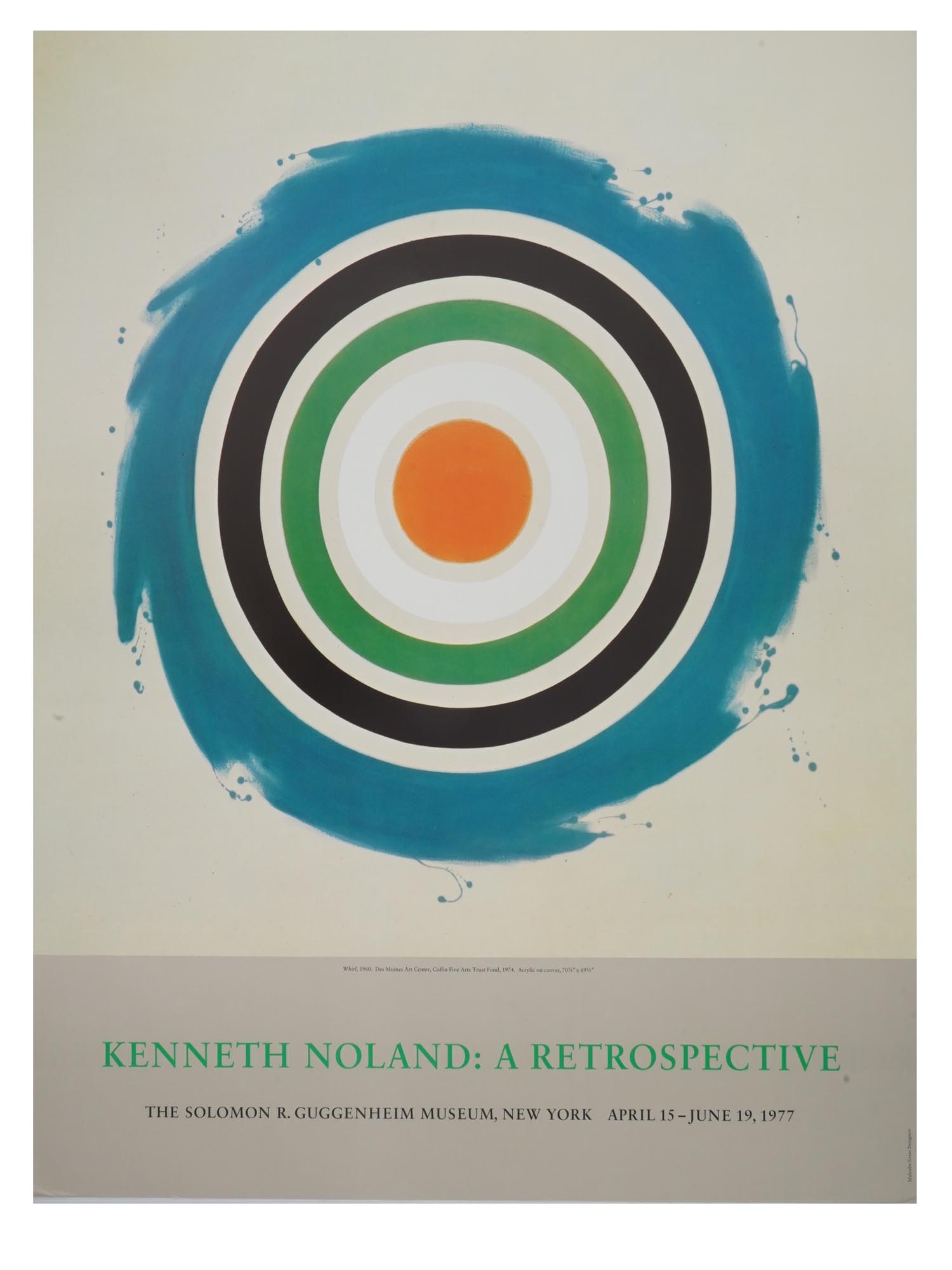 VINTAGE KENNETH NOLAND EXHIBITION PRINT POSTER: A vintage Kenneth Noland exhibition color print poster, titled A Retrospective, at the Solomon R. Guggenheim Museum, New York, from April 15 to June 19, 1977. Inscribed in the lower section of the pos