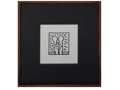 KEITH HARING SIGNED AP LITHOGRAPH PRINT C 1980S: Keith Allen Haring, American, 1958 to 1990, a lithograph on paper printed in black depicting two human figures hugging. Untitled. Signed in pencil to the right and inscribed A.P. for Artists Proof low