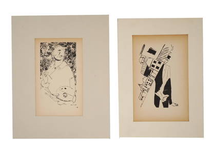 LOT OF 2 RARE FRENCH PRINTS BY MARC CHAGALL: A lot of two rare vintage prints on aper by Marc Chagall. The first is a Self portrait with a palette created in ink with patterned prints (lace and embroidery) on paper, signed in print lower right.