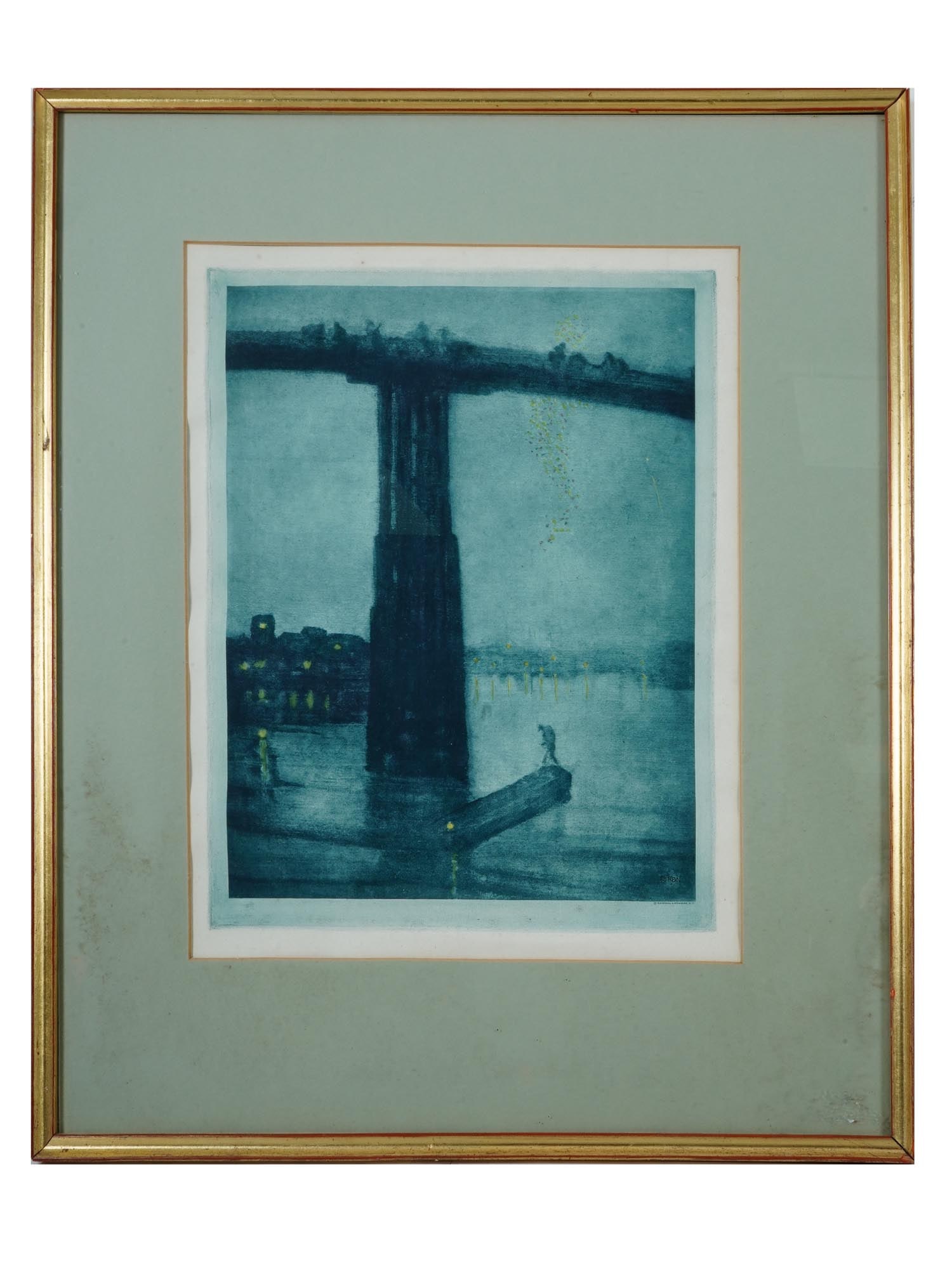 AMERICAN BRIDGE ETCHING AFTER JAMES WHISTLER FRAMED: An American color etching on paper, Nocturne: Blue and Gold Old Battersea Bridge, after the original oil painting on canvas, c 1872 to 1875, by James Whistler, American, 1834 to 1903. Marked, Reinthal