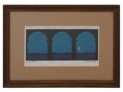 AMERICAN COLOR WOODCUT PRINT BY SABRA FIELD SIGNED: Sabra Field, American, born 1935, a color woodcut print on paper, New Moon. Signed in pencil, lower right. Titled in pencil, lower left. Framed. Sabra Field was born in Oklahoma, grew up in New York,