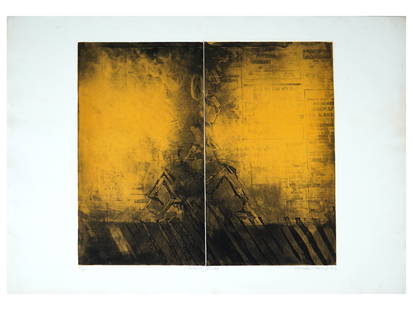 NORMAN ACKROYD ENGLISH ABSTRACT LTD ED AQUATINT: Aquatint on paper by Norman Ackroyd, CBE RA, 1938 to 2024, an English visual artist and printmaker, student of Julian Trevelyan. The artwork represents a collage-like composition with road signs and a