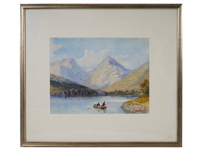 ANTIQUE 19TH BRITISH SCHOOL WATERCOLOR PAINTING: An antique British school academic watercolor painting depicting a view of a lake with a floating boat and two human figures, one of whom is rowing with oars and the other holding a fishing rod, and m